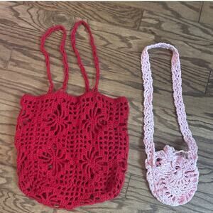 Lot of 2 Handmade Crochet Purse Large Red Square Bag, Small Pink Shoulder Bag